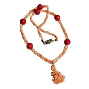 Vintage Czechoslovakian Carved Coral Flower Necklace 17.5"